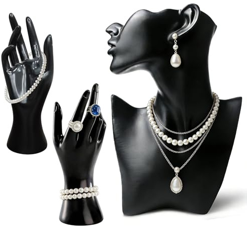 PORFOYO Exhibidor de maniquí de joyas, 3 unidades, expositores para collares, expositores de joyas, versátiles collares, expositores de mano para presentación profesional de joyas (negro)