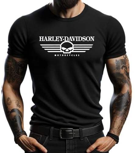Genérico Camiseta Negra Harley con Logotipo de Calavera Hombre Moto Biker (FR/ES, Letras, S, Regular, Regular, Negro)