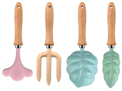 Generisch Kinder Gartenarbeitsset - 4-teilige Blattform mit Holzgriff - Mini-Gartenwerkzeug sowie -Sand-Spielzeug - für, Hof, Sandkasten, Rasen und Außenbereich