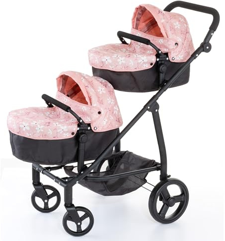 MOLTO - Cochecito Gemelar para Muñecas, Carrito Doble Plegable con Capazos Convertibles, Ruedas 360° y Manillar Ajustable, para Muñecos de hasta 46 cm, +3 Años