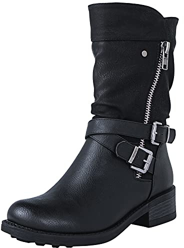 GLOBALWIN Women's Fall Fashion Biker Boots Mid Calf Boots For Women Black Low Heel Size 7.5M