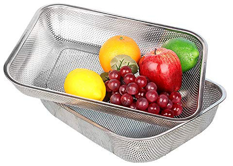 Cedilis 2 Pack Stainless Steel Colander Strainer, Rectangle Mesh Drainer Sink Basket for Vegetable Fruit Food, Large(38 x 28 x 6.6 cm)