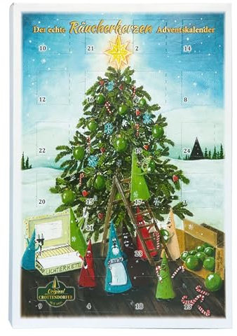 Crottendorfer Adventskalender - 24 Düfte - Hochformat (21x30 cm) - Crottendorfer Räucherkerzen für Weihnachten - Räuchermännchen Zubehör - Mit Weihrauch, Myrrhe, Zimt, Vanille, Tanne - Made in Germany