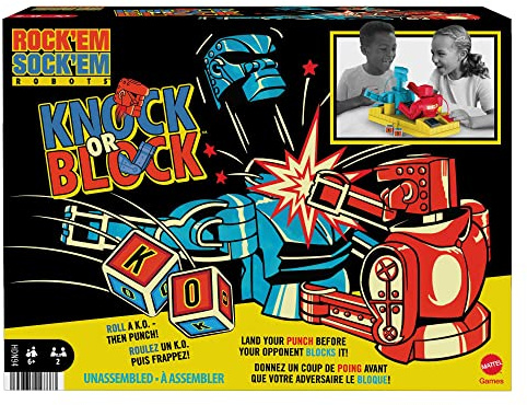 Mattel Games - Rock 'Em Sock 'Em Robots Colpisci e Blocca, Gioco da Pugilato ad Azionamento Manuale con Scontro sul Ring tra i Personaggi Red Rocker e Blue Bomber, Giocattolo per Bambini 6+ Anni