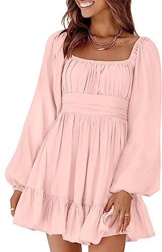 Dokotoo Womens Dresses Square Neck Tie Back Pink Dresses Puff Long Sleeve Dress Ruffle A-Line Mini Dress Casual Summer Outifits for Wedding Guest Medium