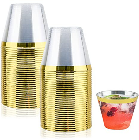 Lre Co. 60 Stück Plastikbecher, Trinkbecher Wiederverwendbar 255ml Plastik Becher Dessert Cups für Party Hochzeit Camping Picknick Dekoration (Transparent mit Goldrand)