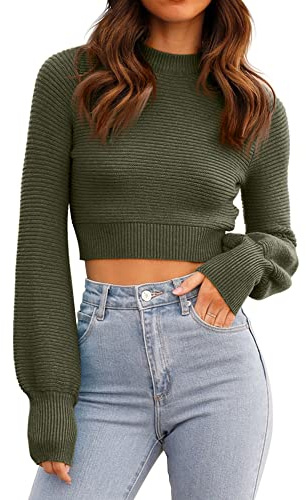 GeGekoko - Maglione da donna lavorato a maglia sexy, corto, girocollo, a maniche lunghe, elegante, Verde militare., XS