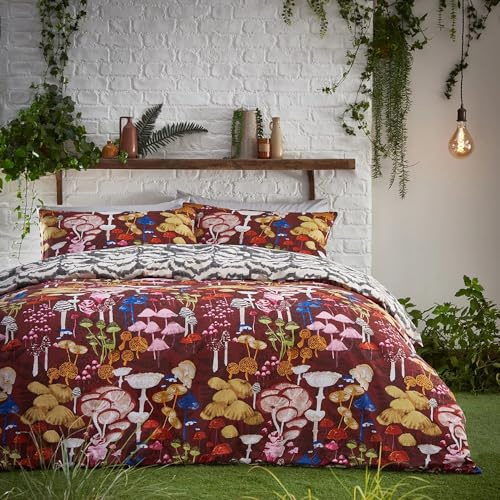 furn. Amanita Duvet Cover Set – Hand-Painted Printed Colourful Mushroom Reversible Bedding (Redwood – Super King)