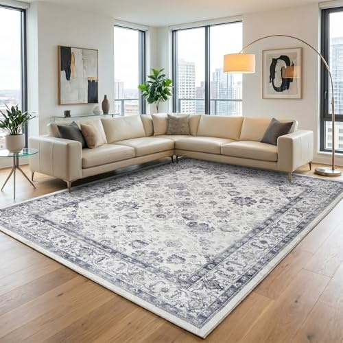 Hafaa Vintage Rugs Living Room 120x170 cm Washable Area Rugs for Bedroom | Traditional Modern Carpet Non-Slip Low Pile Living Room Rug, Dining Room, Lounge, Kids Room, Oeko Tex Certified, Serene