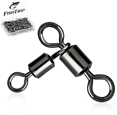 FishTrip Aparejos de pesca giratorios de 3 vías – 50 piezas de giro en T negro giratorio de tres vías resistente agua salada para aparejos de bagre (2/0 x 1/0)