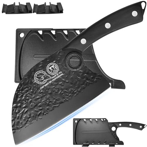 XYJ Coltello da cuoco serbo forgiato, acciaio ad alto tenore di carbonio, modello martellato, coltello da macellaio con lama ultra affilata per cucina, campeggio all'aperto, full tang