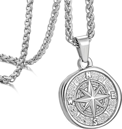 murtoo kedja herr, halsband med kompass hänge för män, vintage silver mynt hänge för män kvinnor, rostfritt stål halsband presentidéer för män kvinnor, 55cm, Rostfritt stål