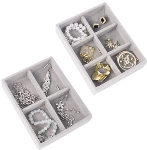 Nwvuop Lot de 2 plateaux de rangement pour boucles d'oreilles, 6 compartiments et 4 compartiments empilables pour tiroir de rangement de bijoux, 12 x 9 x 2,5 cm (gris)