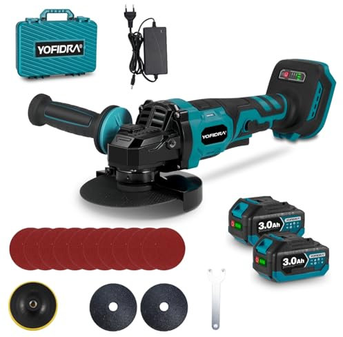 Yofidra Cordless Angle Grinder with Battery(2 x 3.0Ah) - 125mm Grinder Cutter Machine, Brushless Angle Grinder, 3-Speed with 3 Cutting Discs, 10 Grinding Discs