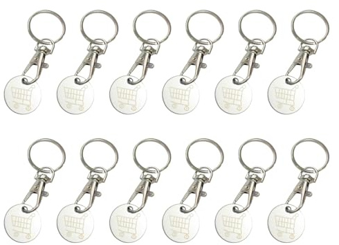 AUTUUCKEE 12Pcs Stainless Steel Trolley Coin Keyring UK, Reusable Shopping Trolley Token, White