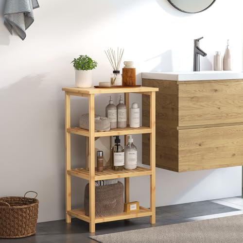 Dripex Badregal stehend, Badezimmer Regal Bambus, Standregal mit 4 Ablagen, verstellbare Küchenregal, Bambusregal schmal für Küche Bad Wohnzimmer Flur Balkon, 40X30x70cm