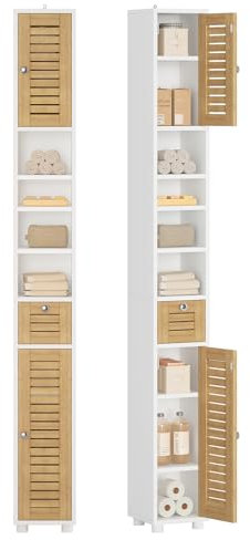 FORABAMB Badezimmerschrank, Badezimmer Hochschrank mit 4 offenen Ablagen, 2 Bambustüren, 1 Schublade, Badschrank Schmal mit Verstellbaren Ablagen, Badmöbel für Wohnzimmer, Küche und Bad, 20x20x180 cm