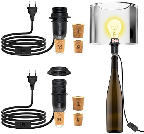 E14 Portalampada per Bottiglia, Interruttore e Spina Bottiglia Adattatore, Kit per Lampada Bottiglia per Lampada da Tavolo Fai da te con Tre Misure di Sughero-(2 Pezzi Nessuna Lampadina)
