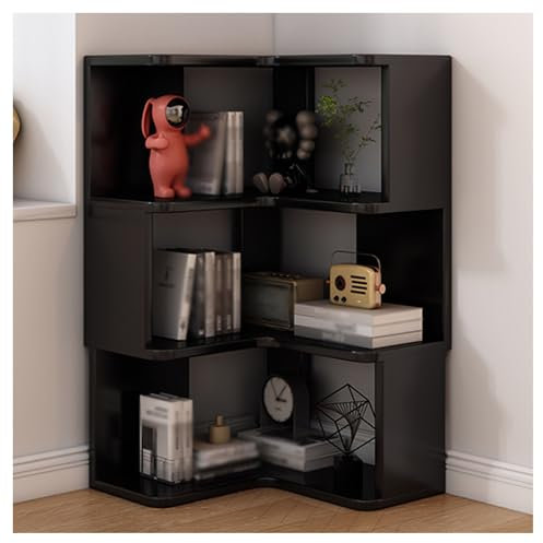 L Shaped Corner Bookshelf 3 Tier Wooden Etagere Storage Rack with Baffles for Home Office Study Room & Living Room Stylish Black Bookcase nizer