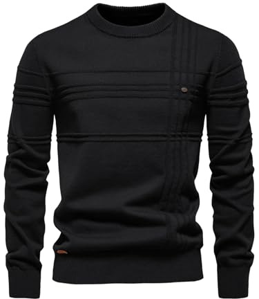 crazy bean Jersey de Cuello Redondo Hombre Invierno Jersey de Punto de Manga Larga Pullover Hombres Slim Fit Negro M
