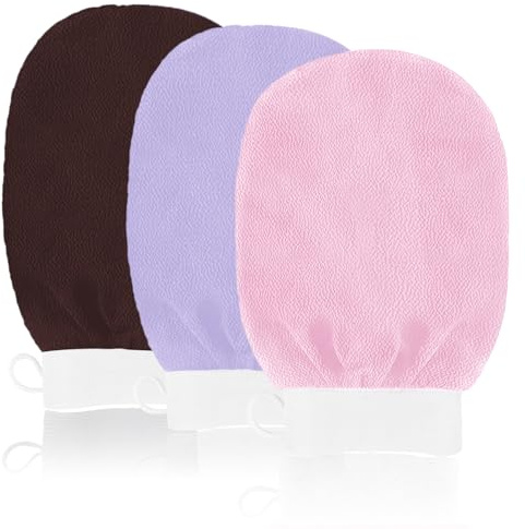 URAQT Peelinghandske, 3 stycken exfolierande handskar, peelinghandske, hamam-handske för dusch, bad, kroppsskrubbning, död hudborttagare, hudvård (lila + rosa + mörkbrun)
