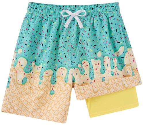 Kids4ever Short de Bain 2 en 1 pour garçons avec Doublure de Compression, séchage Rapide, Respirant, imprimé Motif Glace, été, Short de Plage avec Poches, Vert, 14-16 Ans