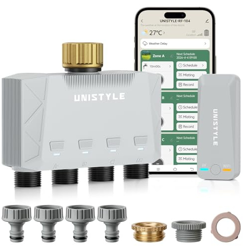 Unistyle Centralina Irrigazione WiFi 4 Vie | Nuova edizione 2026 - Irrigazione Giardino Semplice Tramite APP, 5 Programmi di Indipendenti, Programmatore Irrigazione Automatico per giardino e piante
