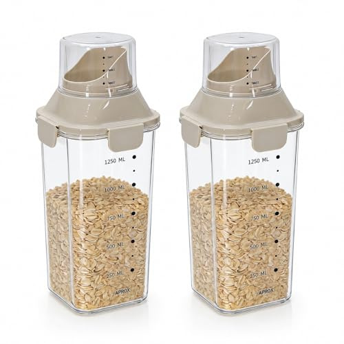 Raoletin Cereal Dispenser 2 Pack 1500ml Cereal Container, Airtight Cereal Storage Containers with Pour Spout & Measuring Cup, Plastic Kitchen Storage Containers for Rice, Flour, Grains, Pet Food