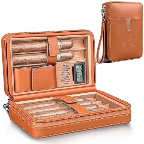 Humidor de puros de viaje, caja portátil de cuero y madera de cedro con higrómetro digital y humidificador, capacidad para 6 puros, regalo ideal para hombres (marrón)