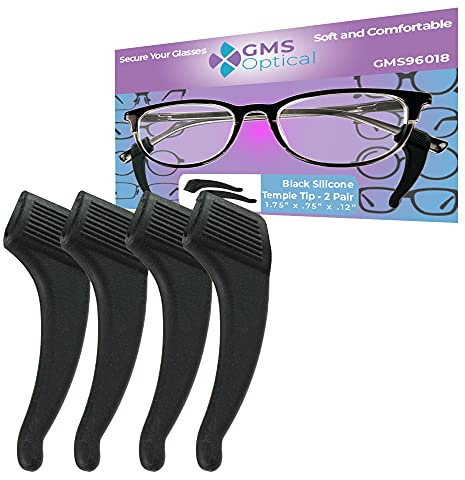 GMS Optical Premium Grade Comfortable Silicone Anti-slip Holder for Glasses, Sunglasses, and Eye Wear - Ear Hook Eyeglass Temple Tip (2 pair - Black)