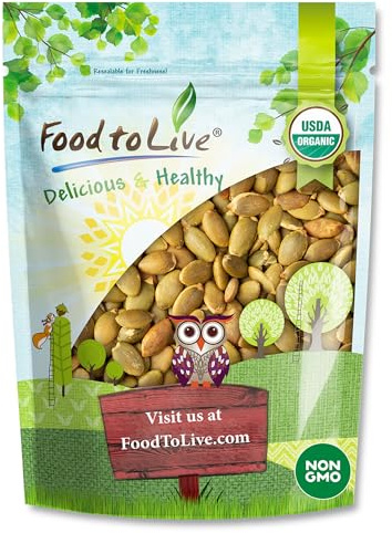 Food to Live Organic Dry Roasted Pumpkin Seed Kernels with Himalayan Salt, 1 Pound Non-GMO, Oven Roasted Whole Pepitas, No Oil Added, Shelled, Vegan, Kosher, Bulk