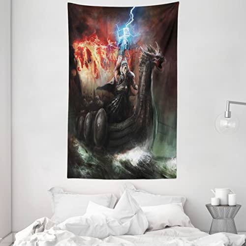 ABAKUHAUS Drachen Wandteppich und Tagesdecke, Wikinger-Boot Stürmische See aus Weiches Mikrofaser Stoff Waschbar ohne Verblassen Digitaldruck, 140 x 230 cm, Schwarz Rot