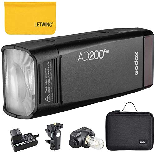 Godox AD200 Pro AD200Pro Flash Strobe, 200w 2.4G TTL 1/8000 HSS Speedlite con 2900mAh Batería de Litio, 500 Full Power Monolight，Bombilla Desnuda/Speedlite Fresnel Flash Cabeza