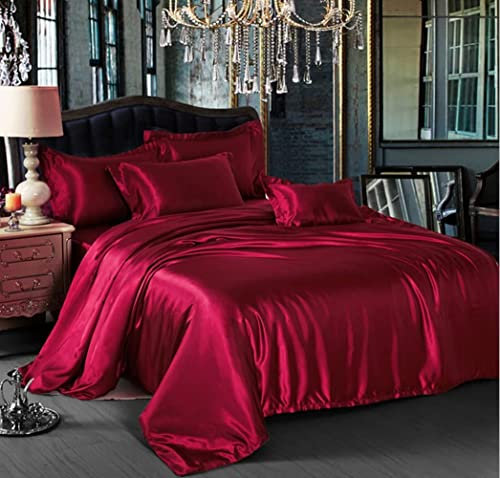 Lanqinglv Satin Bettwäsche Set 135x200 cm 4 Teilig Weinrot Rot Burgund Seide Glatt Glanzsatin Luxus Sommerbettwäsche Set Satin Polyester Uni 2 Bettbezug mit Reißverschluss und 2 Kissenbezug 80x80cm