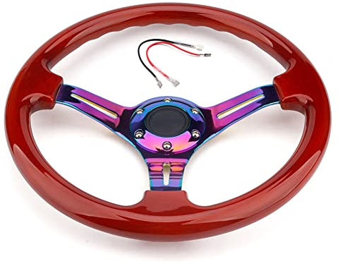 ABS Auto Lenkrad,MoreChioce 350mm Deep Dish Sportlenkrad Universal 6 Loch Rennsport Lenkrad Auto Lenkrad Zubehör mit Kabelbaum Schraubenschlüssel,Holz Rot
