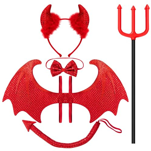 Spooktacular Creations 5-Piece Halloween Red Devil Costume Set with Devil Wings, Pitchfork, Bow Tie, Horn Headband, and Tail Accessories for Dress Devil Themed Party, Fright Night Party Cosplay