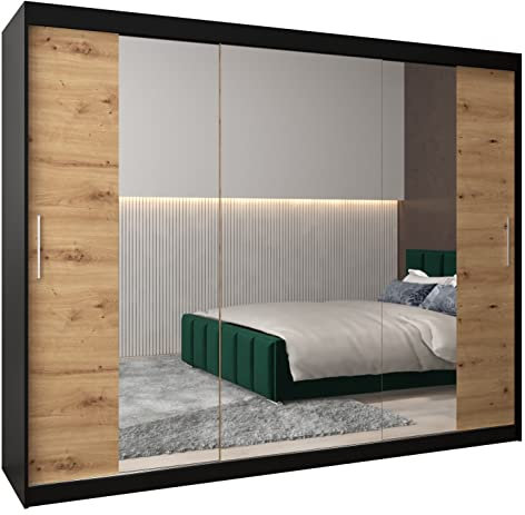 MEBLE KRYSPOL Kleiderschrank mit Spiegel Tokyo 2 - Garderobenschrank - Schrank Schlafzimmer - Mehrzweckschrank DREI Schiebetüren - Regalen - Flur Möbel - Kleiderstange Schrank - Allzweckschrank