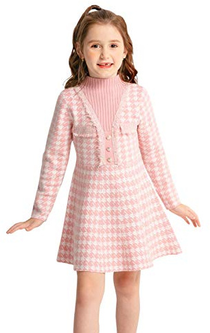 SMILING PINKER Vestido de Pata de Gallo para Niñas con Cuello de Pico y Escote Profundo, Rosa, 7-8 Years
