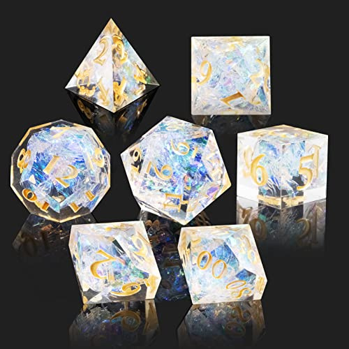 Cttasty Würfelset aus Harz, handgefertigt, 7-teilig, scharfe Kanten, für DND RPG MTG Rollenspiel, D&D-Würfel mit Geschenkbox (Gelb)