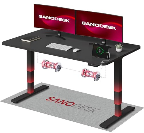 SANODESK 2 Motores Escritorio Elevable EC4 140 x 80 cm Tablero Entero con 3 Secciones Patas Telescópicas con Panel Ajustable, Mesa elevable Standing Desk Ergonómico para Oficina y Hoggar-Negro