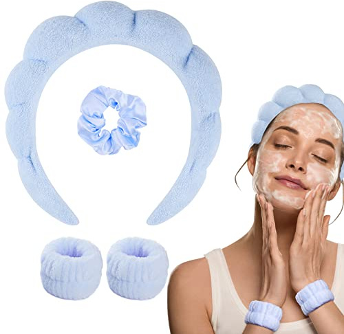 WD&CD Spa Fascia per Capelli da Donna, Fascia per Spa in Spugna con 2 Fasce per Polso e 1 Elastici per Capelli per Lavare il Viso, Cura della Pelle, Trucco, Doccia, Rimozione del Trucco - Blu