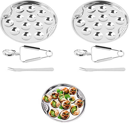 2 set Piatto per conchiglie in argento Vassoio di lumache con 12 fori Piatto In Acciaio Inox Con Pinza e Forchetta Riutilizzabile Piatti da Ø 19 cm Per Cucina Ristorante Occidentale Piatto Di Mare