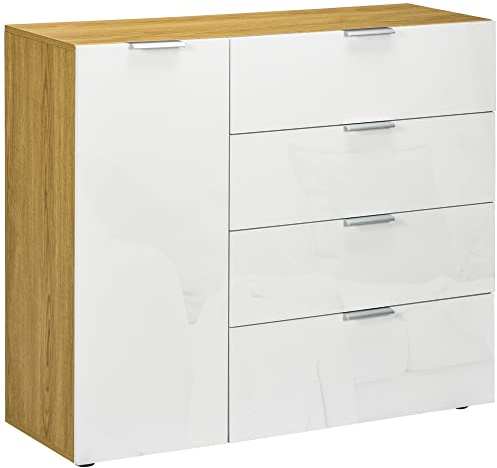 HOMCOM Cómoda de Dormitorio Aparador de Salón con 4 Cajones de de Alto Brillo Puerta y Estantes Ajustables para Comedor 105x35x92 cm Blanco y Natural