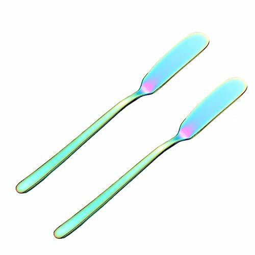 2 cuchillos de mantequilla de acero inoxidable de 16,5 cm × 1,8 cm, con mango largo, cuchillo de queso, cuchillo de desayuno, cuchillo de mantequilla, para queso, tartas, pan, postre, multicolor
