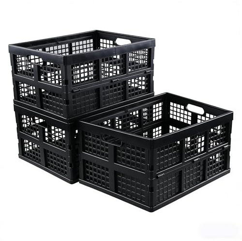 Zopnny 3-Pack Plastic Collapsible Storage Crates 30L,Foldable Crates for Storage (Black)
