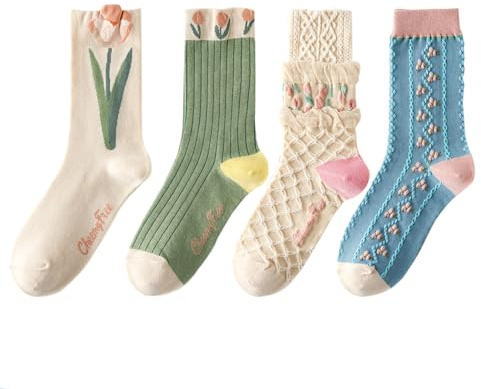 HAOXYO 4 Paire Calzini Donna Divertenti in Cotone, Motivi Floreali Vintage, Calze Spugna, Modello Casual