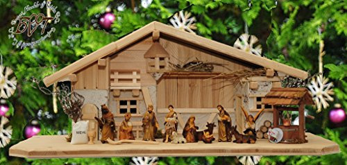 ÖLBAUM BTV Krippen aus Naturholz XXL 70 cm Krippenstall-Weihnachtskrippe, mit LED + Brunnen + Dekor, MASSIVHOLZ klassisch-Natur, leicht