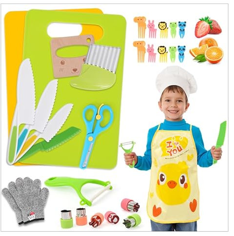 GCRQ 28 Pièces Couteau de Cuisine pour Enfants, Sécurité de Montessori Enfants pour Couper des Fruits ou Légumes, Ensemble de Couteaux pour la Vraie Cuisine.