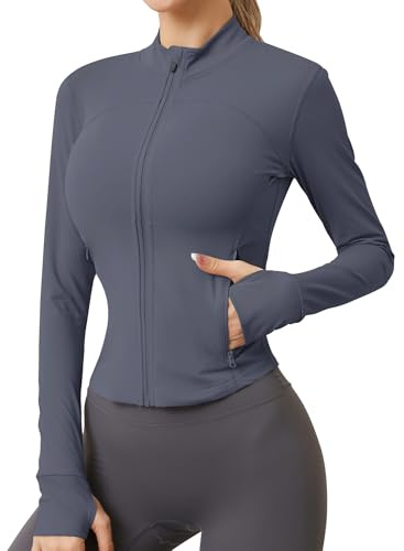 IECCP Women Activewear Ladies Tops Gym Running Yoga Long Sleeve Workout T-Shirts Clothes Zip Breathable Sports Wear Darkgrey Blue S