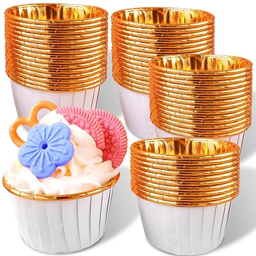 Retoo Pirottini per muffin di carta, 50 pezzi, stampi per cupcake, fodere, pirottini di carta, diametro 50 mm, per muffin, per dolci, feste, compleanni, Halloween, matrimoni, bianco e oro